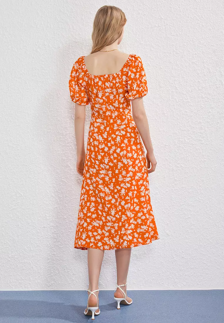 Orange Floral Midi Woven Dress TWOSS25EL00763