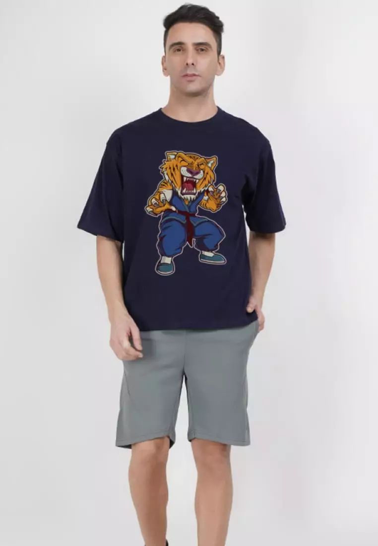 大廓形老虎功夫藏青色棉质短袖必备 T 恤