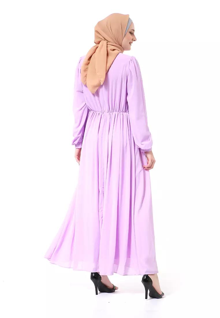 Khansa Long Dress Muslimah Atasan Wanita Long Sleeve Motif Polos High Quality - Ungu Muda
