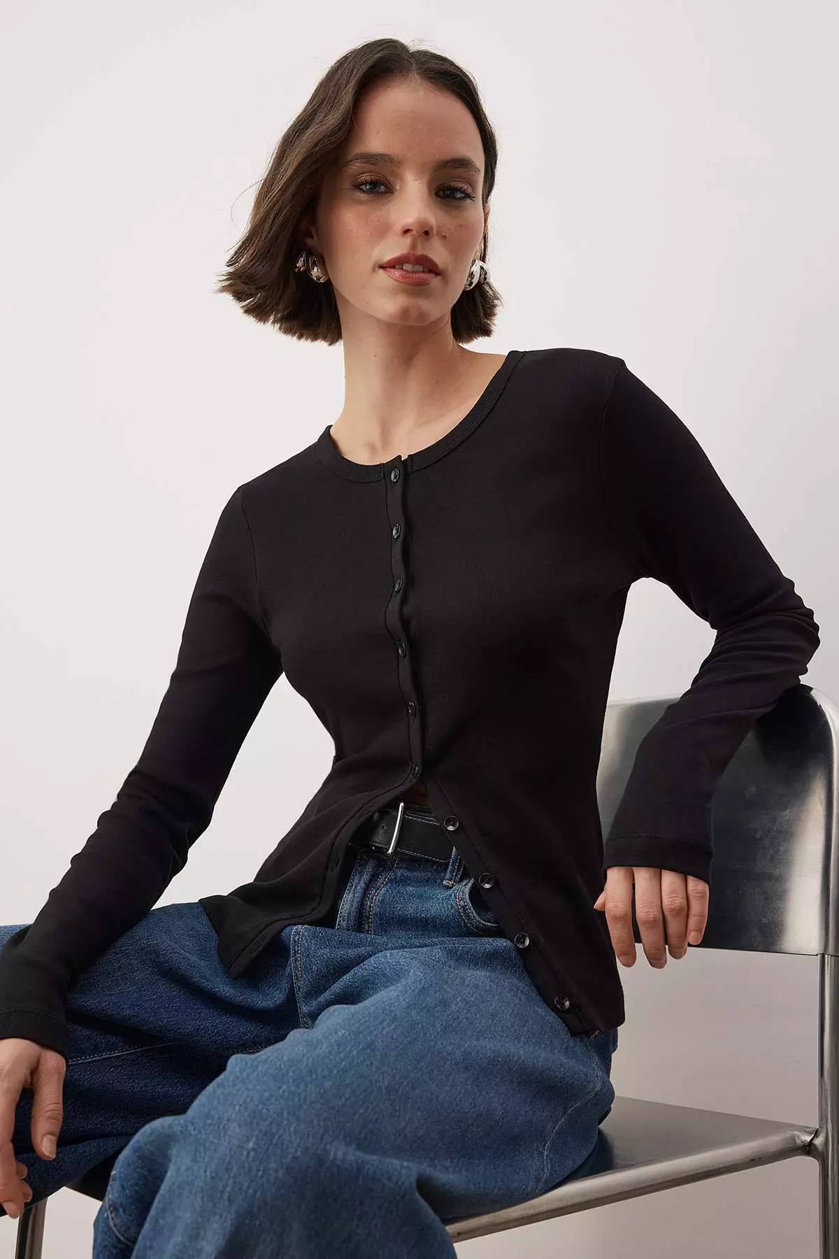 Black Buttoned Bodycon Stretch Knit Blouse Twoaw26Bz7