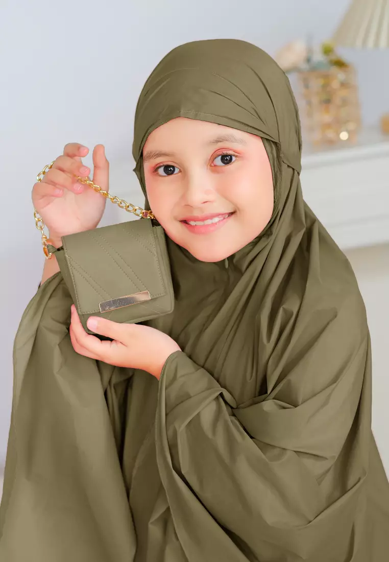 Zalwa Prayer Set | Mukena Travel Polos Resleting 2in1 | Mukena Anak - Green Olive 