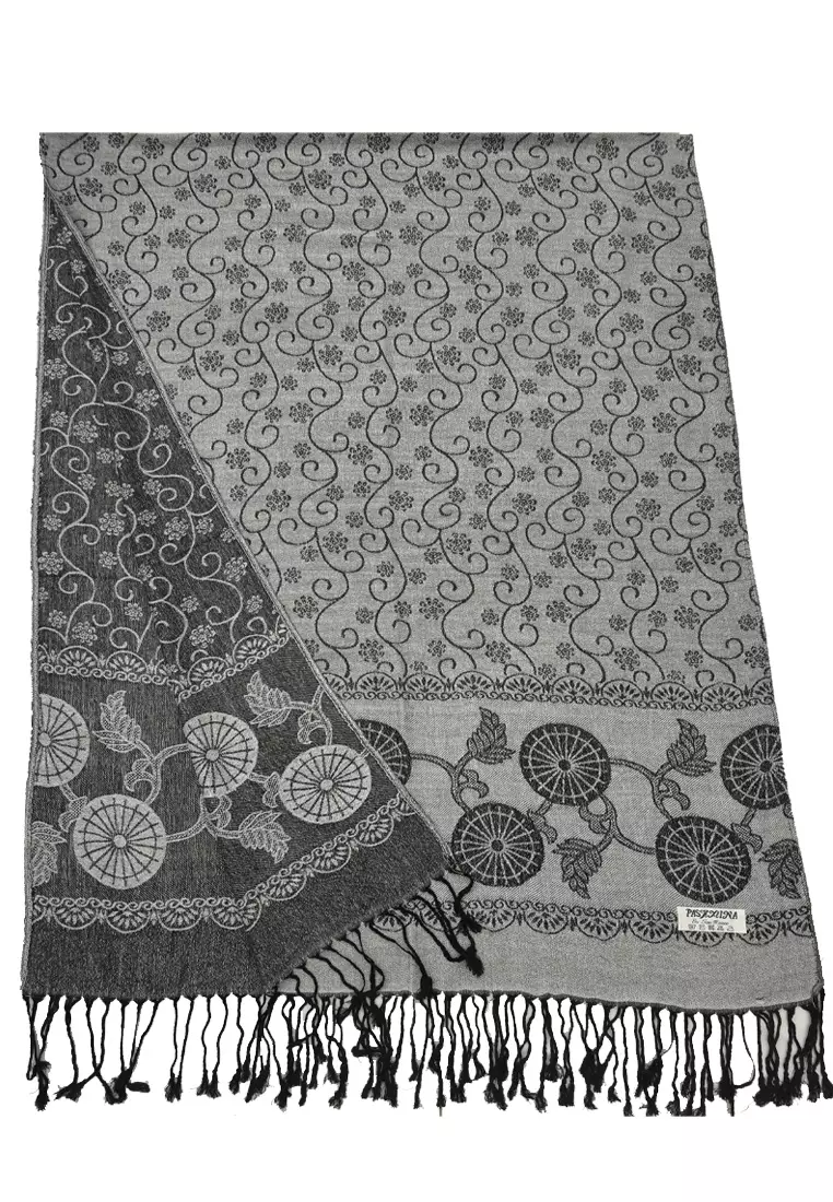 Aksesoris Wanita Reversible Viscose Circular Vine  Pattern Pashmina Shawl Syal Wanita Silver & Black