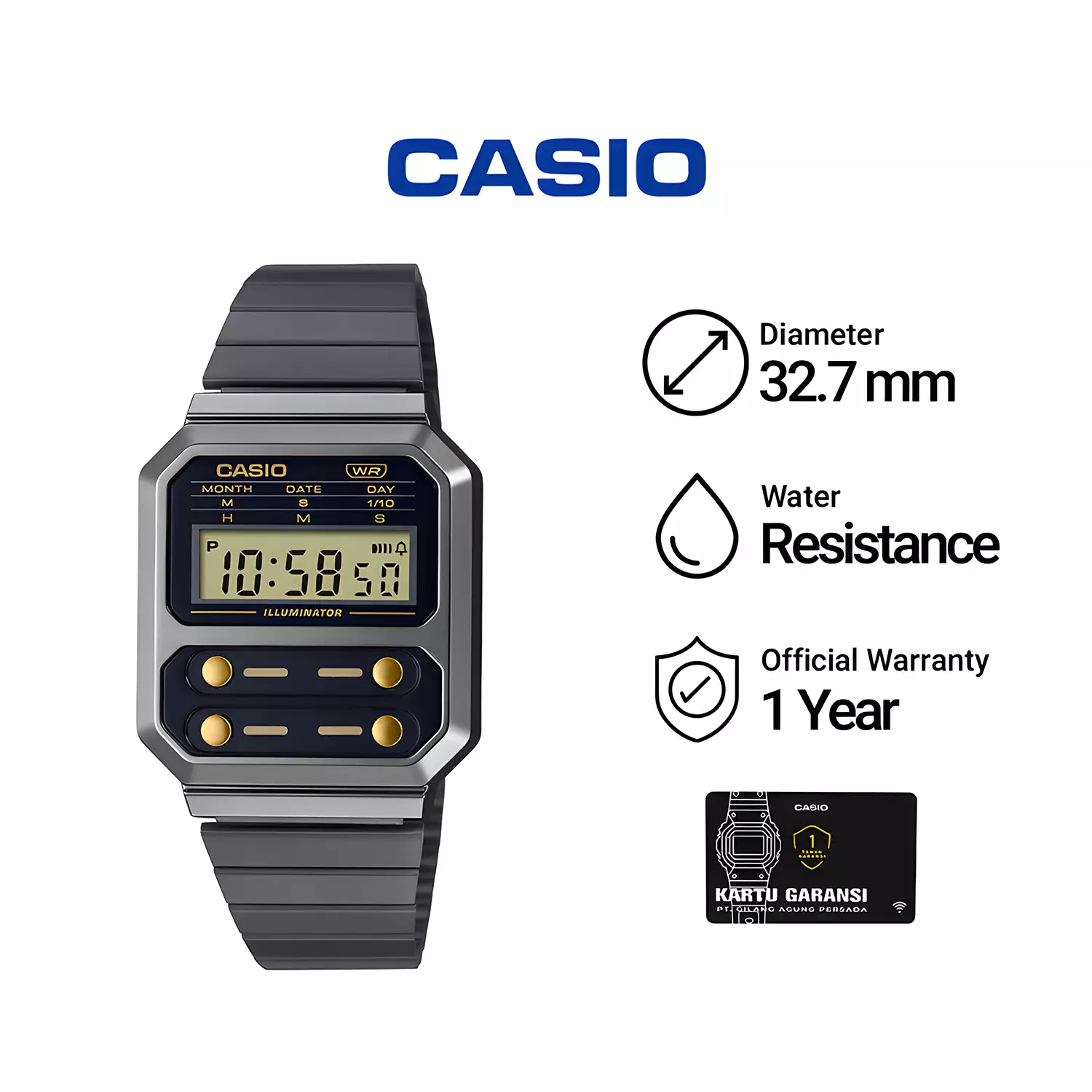 Casio Vintage - Jam Tangan Digital Unisex - Grey Tone Resin Case - Black Stainless Steel Band - A100WEGG-1A2