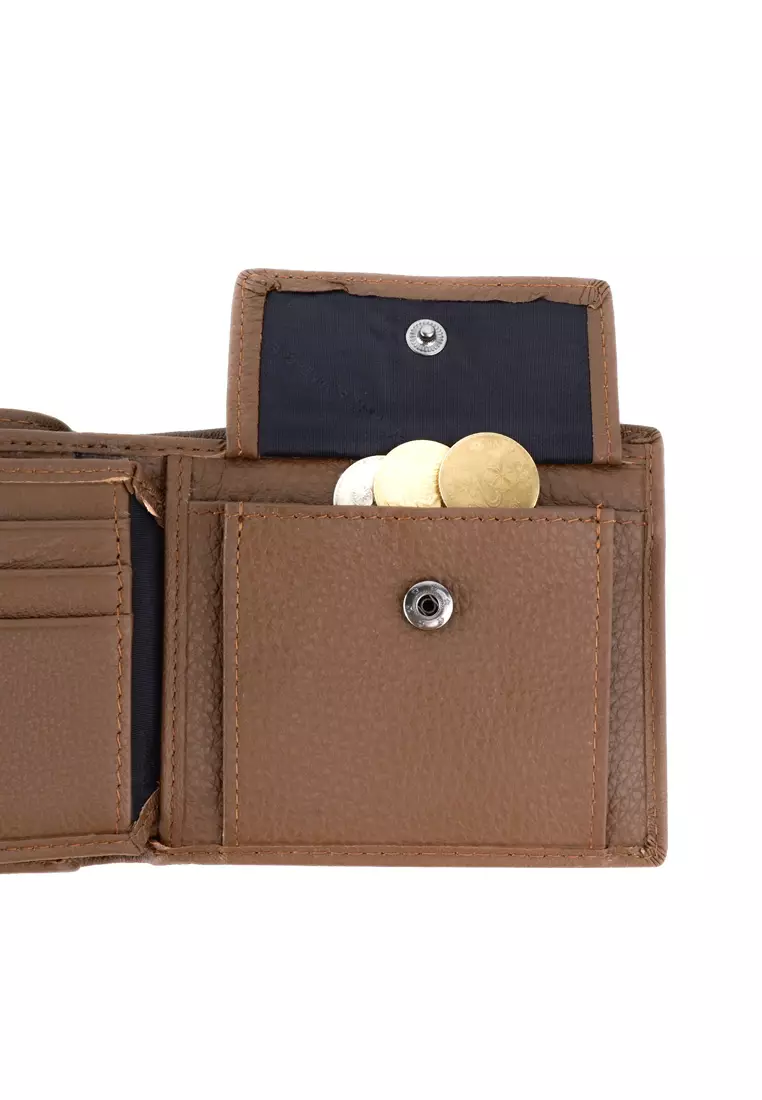 Men's RFID Genuine Leather Bi Fold Center Flap Short Wallet With Coin Compartment