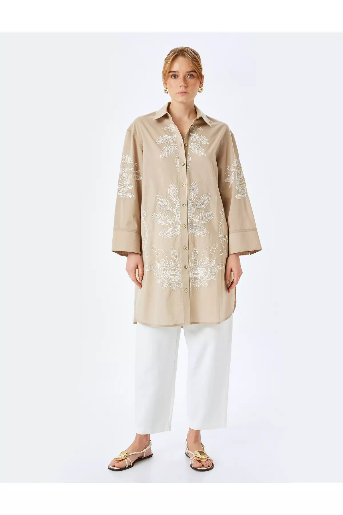 Cotton Floral Embroidered Detailed Shirt Collar Long Oversize Tunic