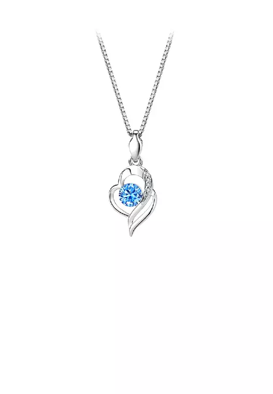 925 Sterling Silver Fashion Simple Heart Pendant with Blue Cubic Zirconia and Necklace - Luxurious Look