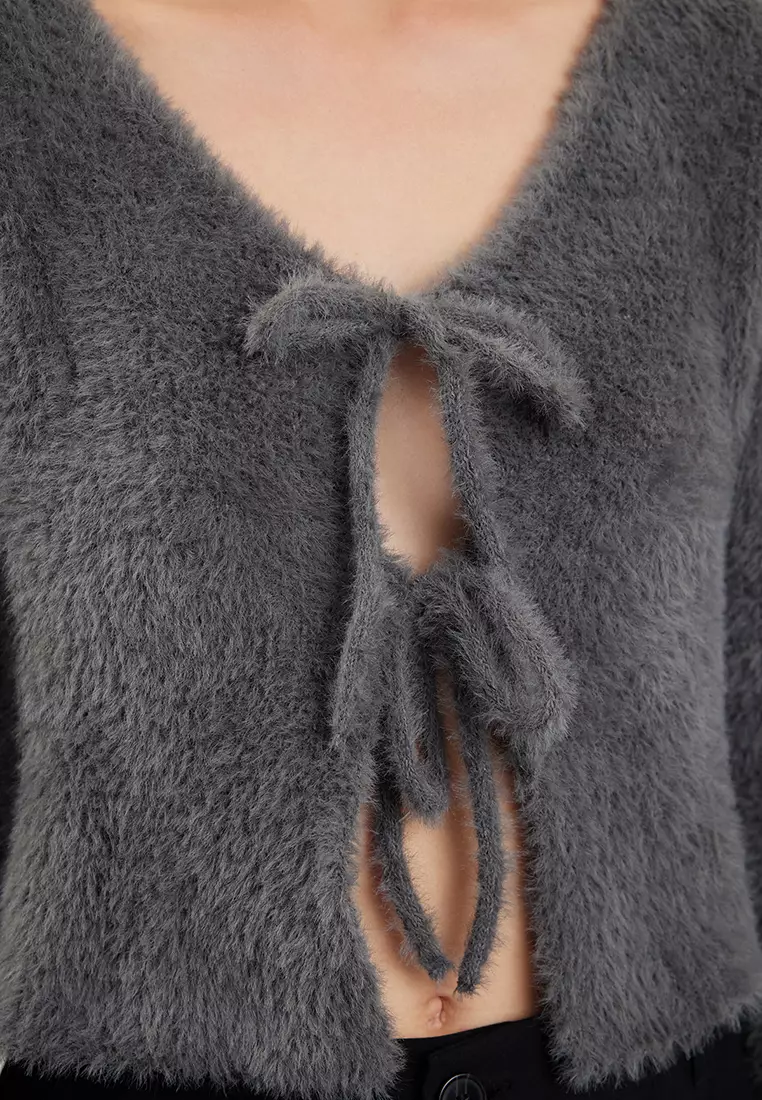 Anthracite Crop Feather Tie Detailed Knitwear Cardigan TWOAW25HI00111