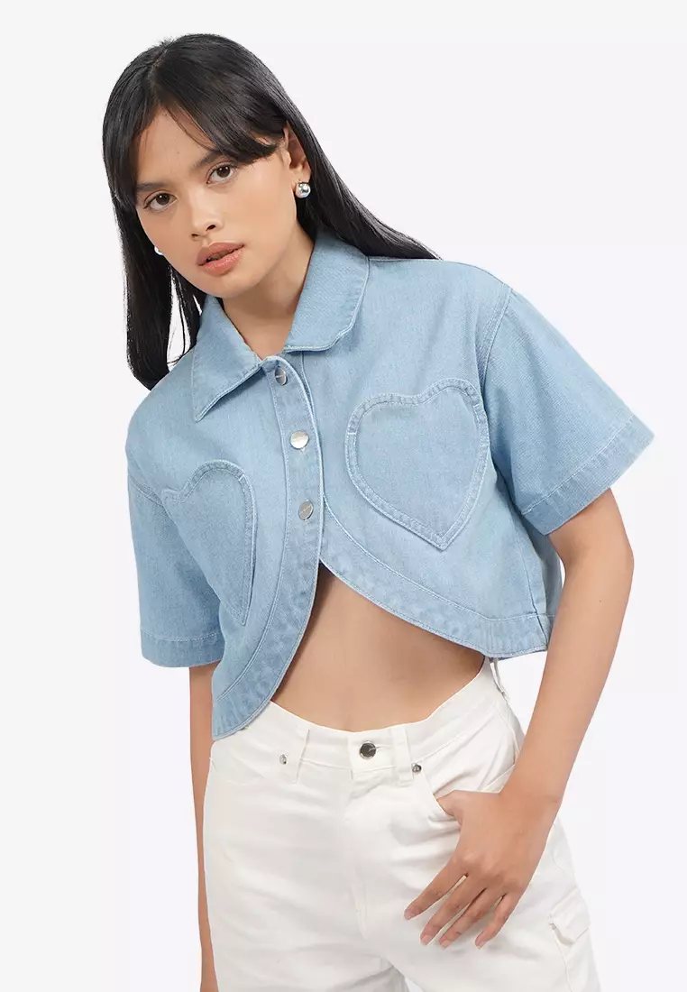 Round Hem Cropped Denim Shirt