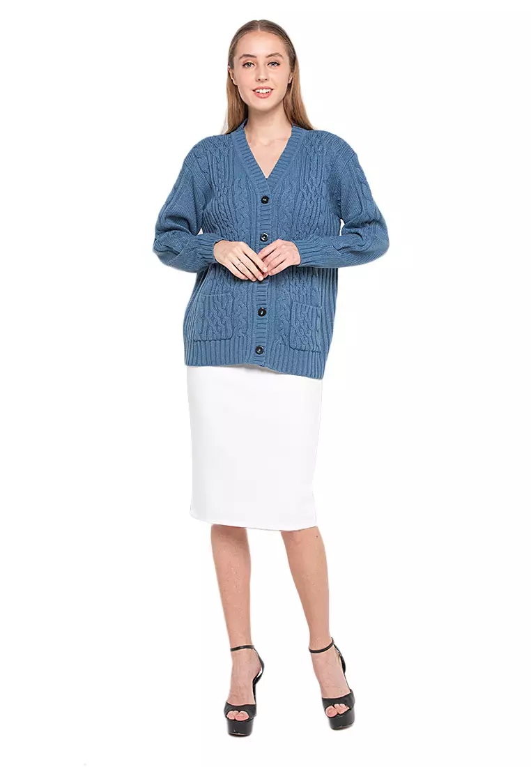 Winifred Kardigan Cable Atasan Wanita Long Sleeves Oversize Relaxed Fit - Denim