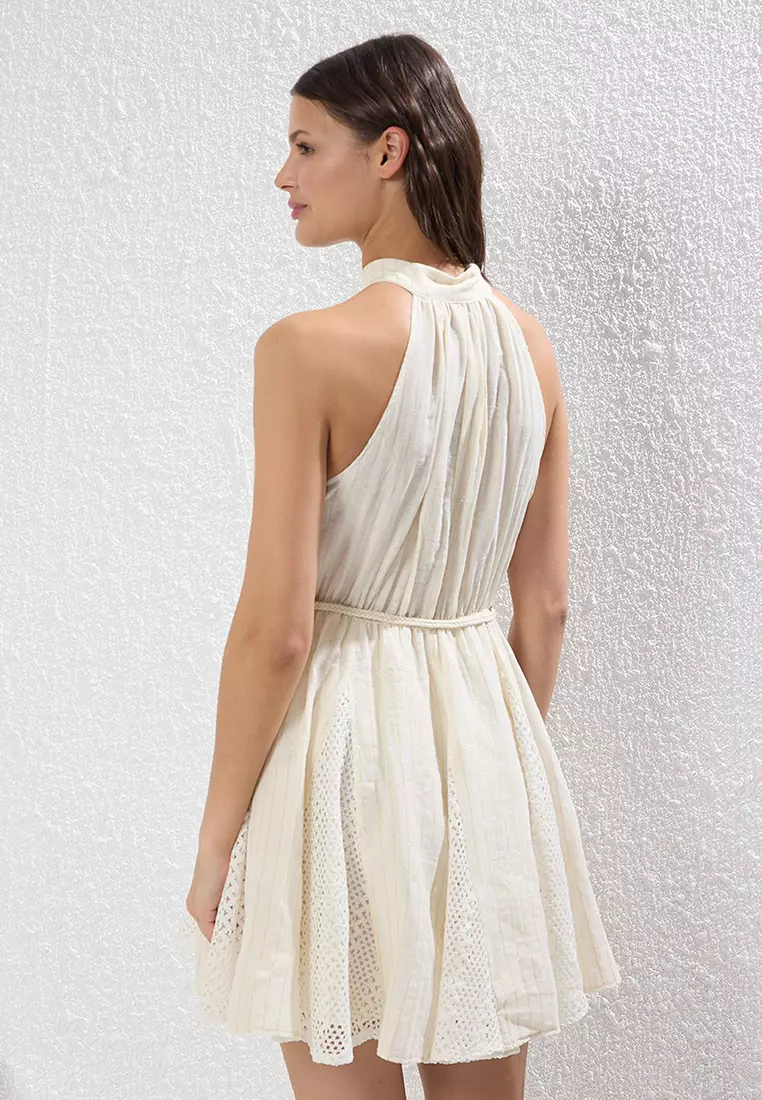 Beige Glittery Muslin Woven Mini Beach Dress Tbess25El00128