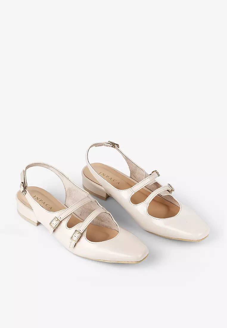 Emily Mary Jane Flat Shoes with Sling Back in Vanilla