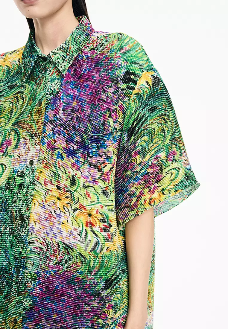 混纺图案元素花型宽松短袖衬衣