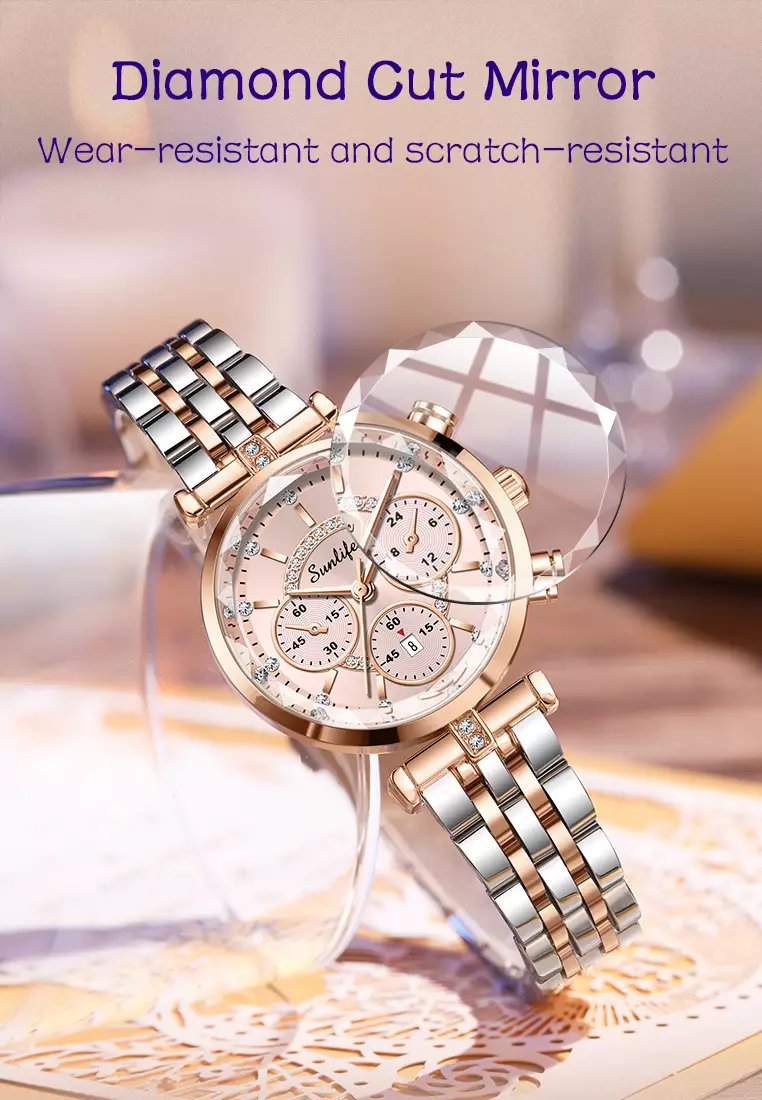 Jam Tangan Wanita Original B005 Kalendar Anti Air Berlian Kuarsa Tali Stainless Steel Jam Tangan Cewek Rosegold