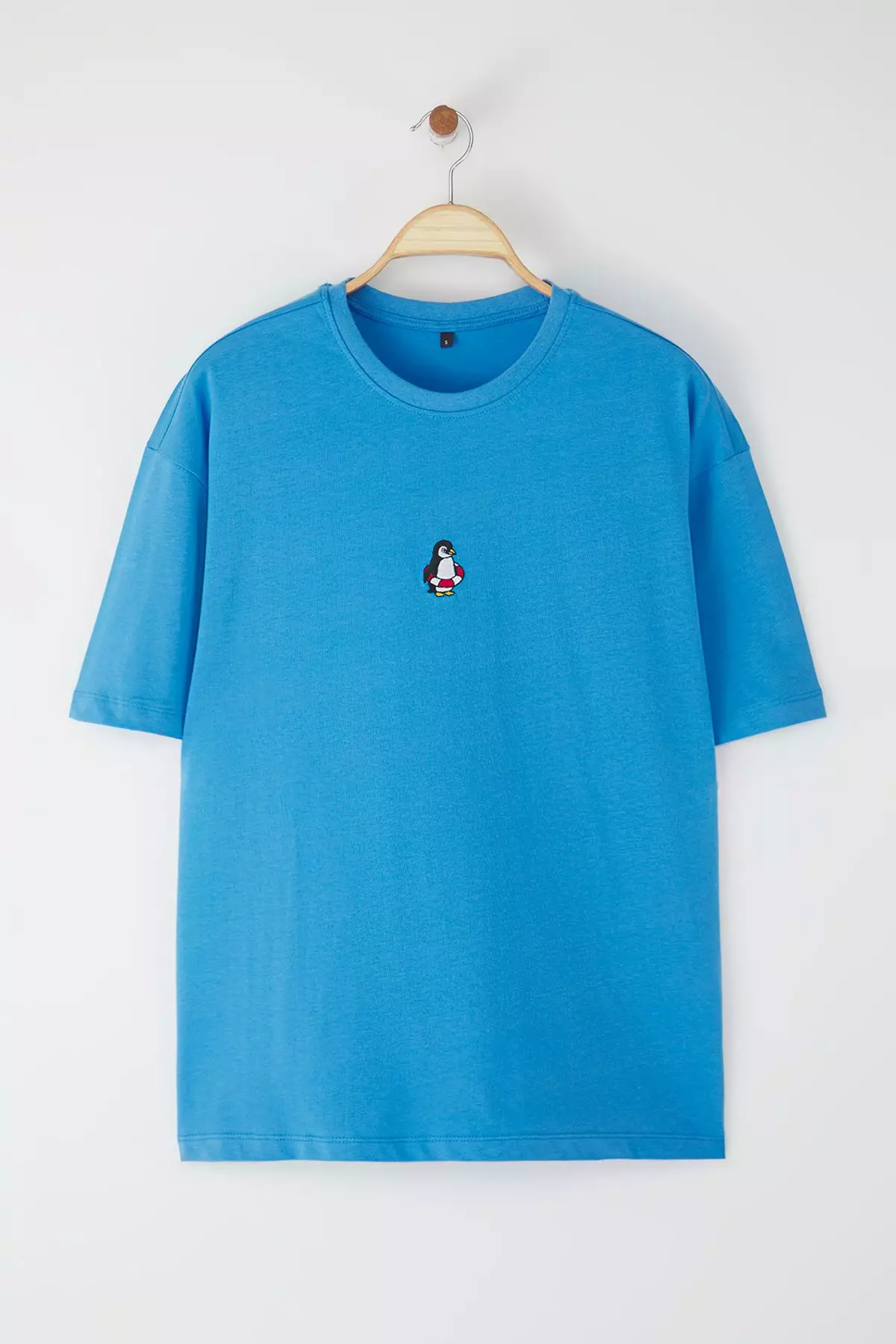 Blue Oversize/Wide Cut Penguin Embroidered 100% Cotton T-Shirt TMNSS23TS00243