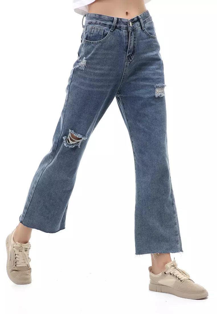 Jourel  Long Pants Celana Panjang Baggy Ripped Jeans Wanita Material Denim ORIGINAL - Dark blue