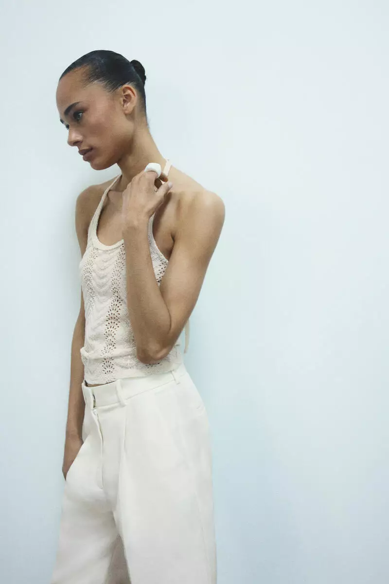Pointelle-knit halterneck top