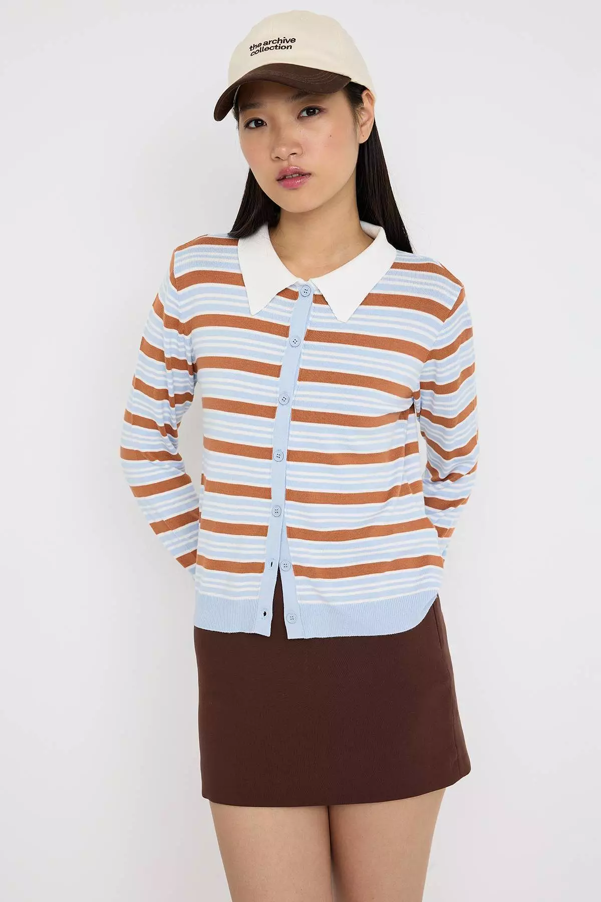 Teen Brown Crop Premium/Special Yarn Color Block Fitted/Full Body Knit Cardigan