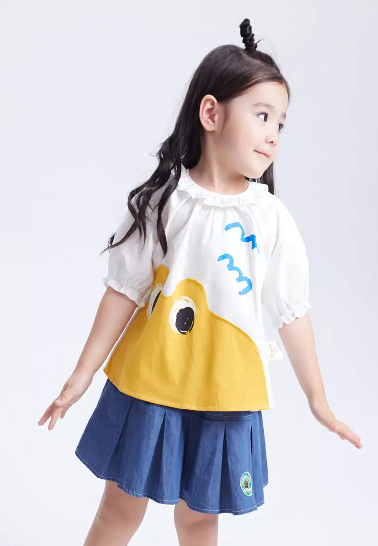 女小童短袖衬衫趣味青蛙贴布花边领口衬衣