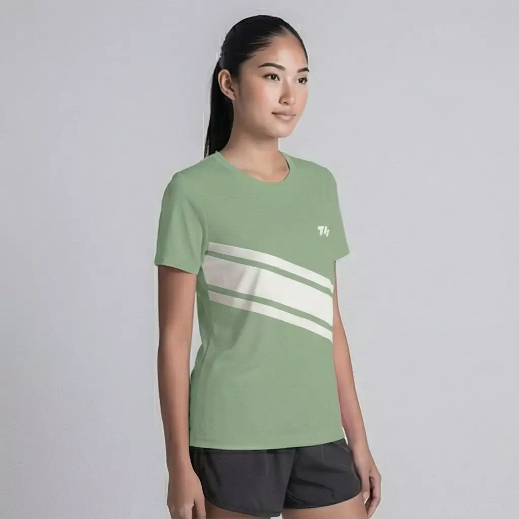 TDACTIVE Kaos Lari Wanita Lengan Pendek Drifit hijau sage 3stripe tdbolt LSF41
