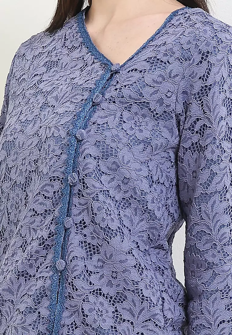 Blouse Lace Kebaya Muslim Brokat Reswara Lengan Panjang Full Furing Blue