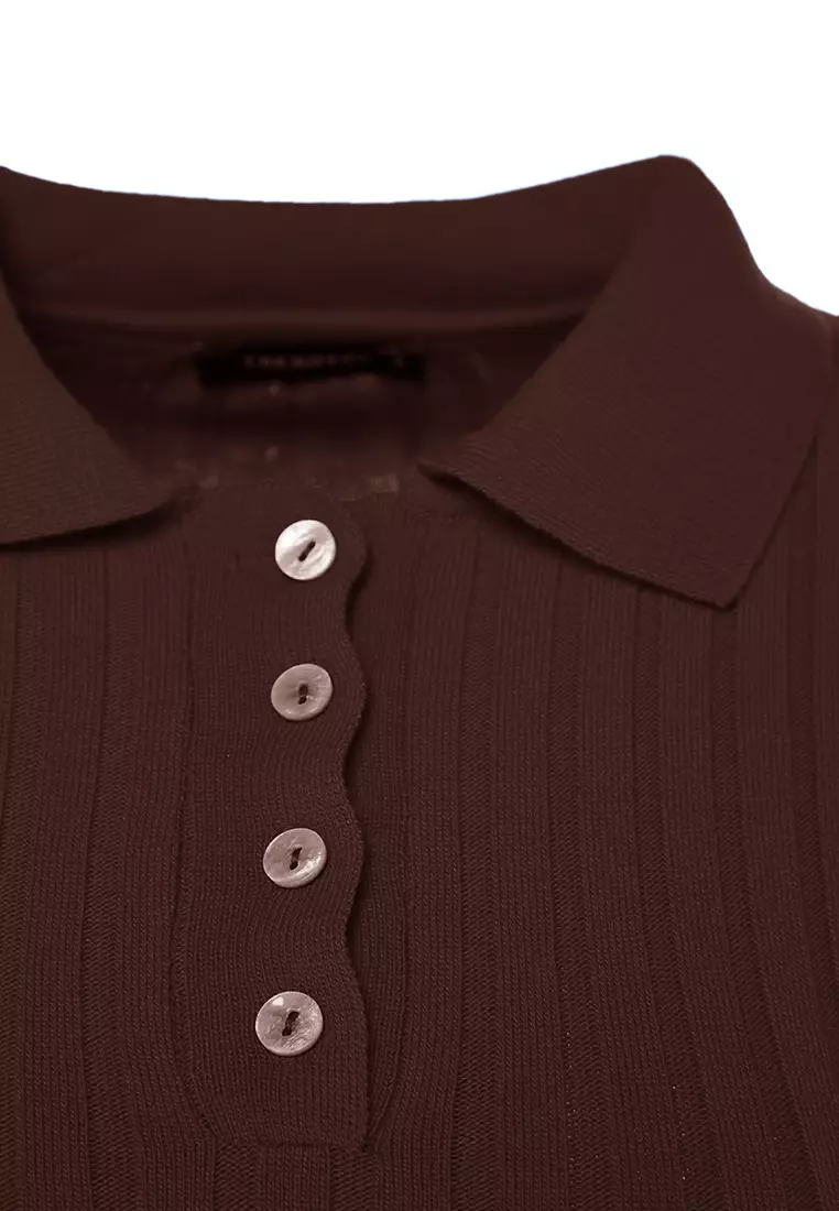 Brown Basic Polo Neck T-Shirt Look Knitted Thin Blouse TWOSS20BZ0112
