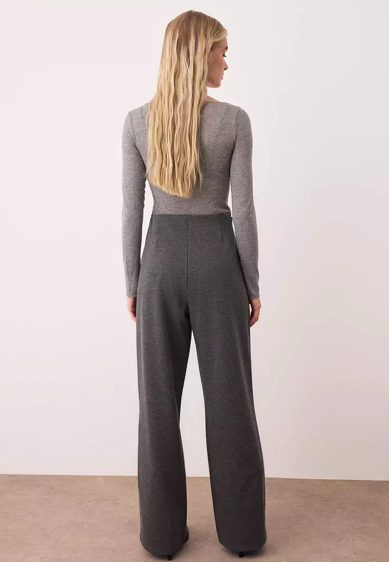 Anthracite Diagonal Pleated Buttoned Wide Leg Knitted Trousers