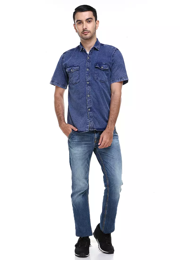 Dwan Casual Shirt Baju Kemeja Jeans Pria Lengan Pendek Material Denim ORIGINAL - Navy