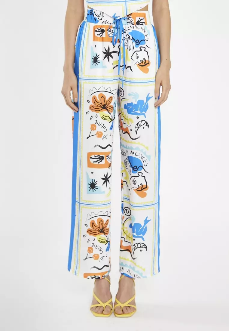 Blue Scarf Print Contrast Stripe Wide Leg Trousers