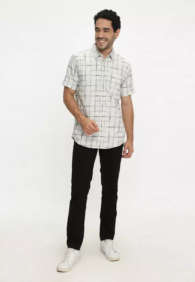 POLICE Kemeja Printing Cotton Soft Olive Regular Fit Pria