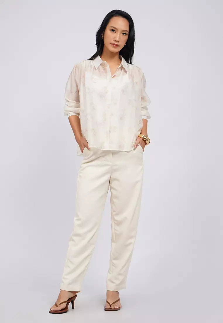 Embroidered Long Sleeve Sheer Blouse ECRU