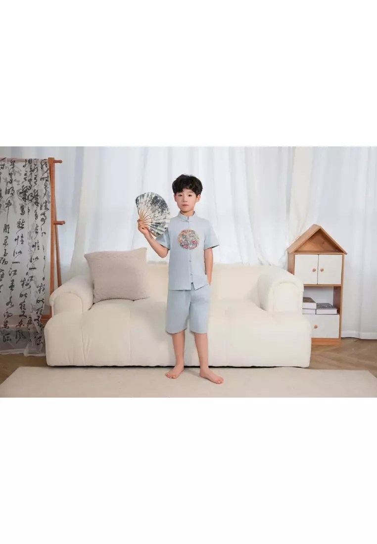 活力與智慧藍色男童唐装汉服上衣搭配短褲拜年服0844