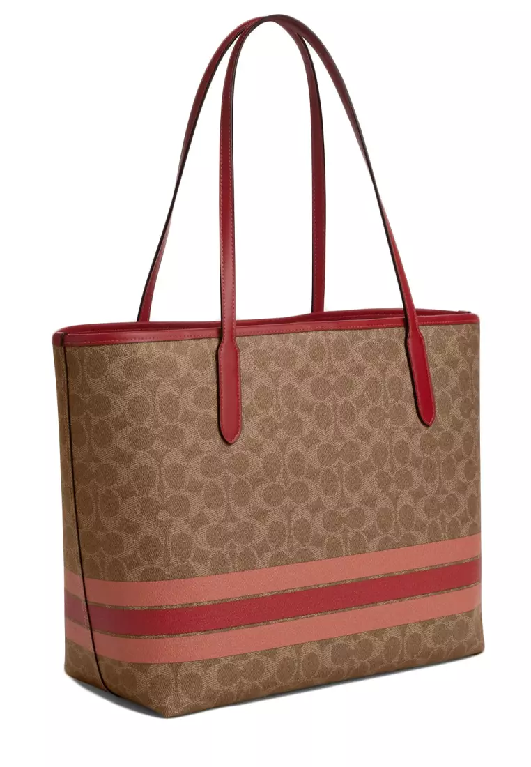 City Tote Bag In Signature Canvas With Stripe - Tan Multi