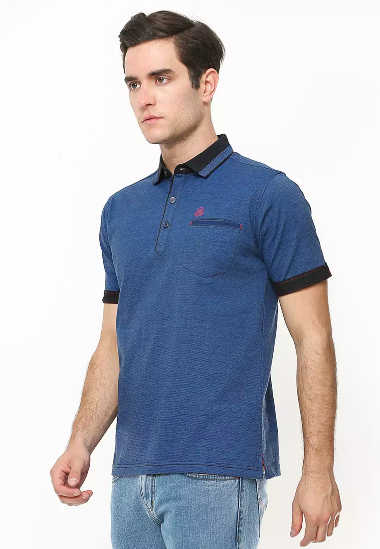 Slim Fit - Polo Shirt Active - Aksen Hitam - Kantong Satu - Biru