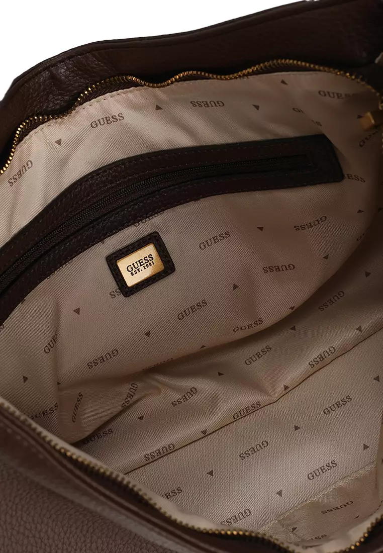 Sac à épaule GUESS Camden – Couleur Natural/Cognac (écru/brun) – Polyester, Dimensions 36x21x8 Cm, Compartiments Multiples