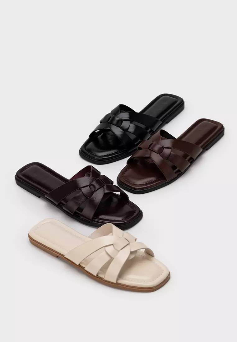 编织带方头平底拖鞋