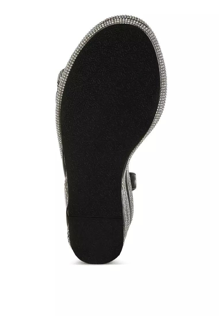 Sandal wedges bertabur berlian imitasi hitam