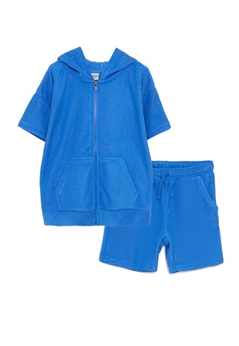 LC WAIKIKI blue Hooded Basic Short Sleeve Boy Zippered Cardigan And Shorts 70E7DKA3D76A57GS_1