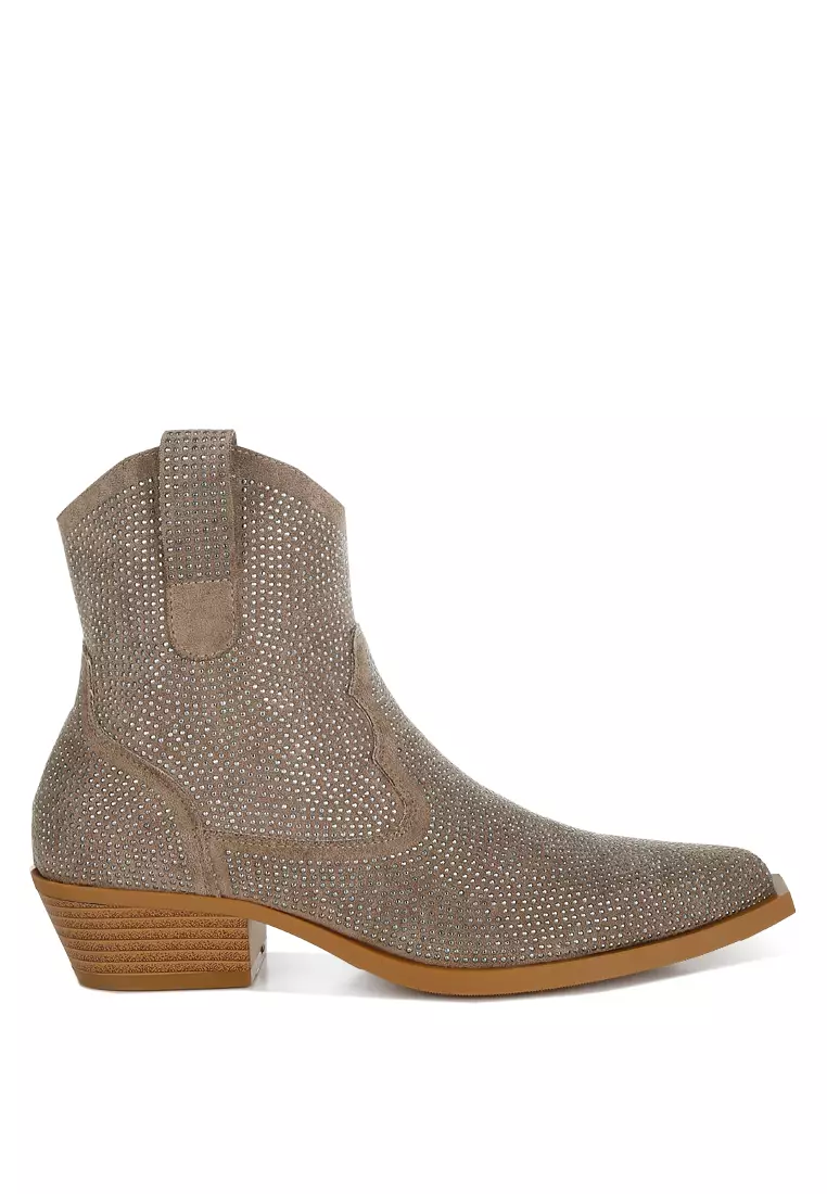 Discount on Rag & CO.  shoes - SKU: Rhinestones Embellished Cowboy Boots in Taupe