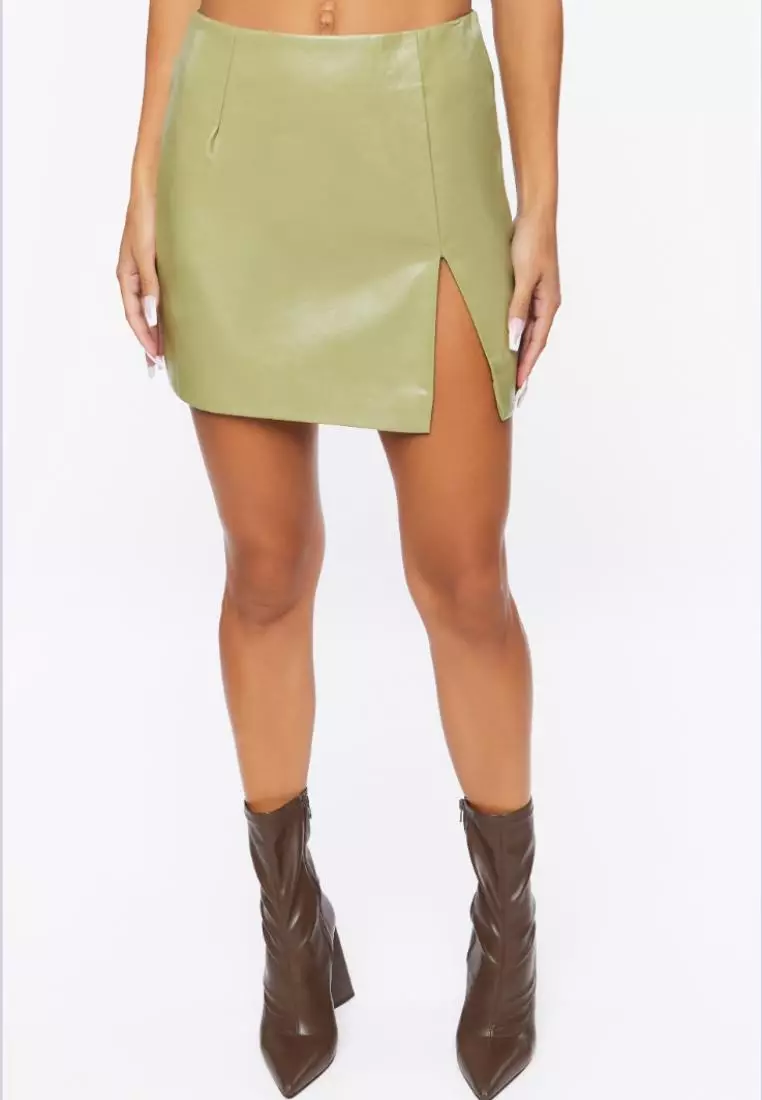 Green leather skirt forever 21 top