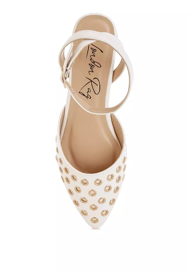 Metallic Eyelet Detail Flat Sandals In White