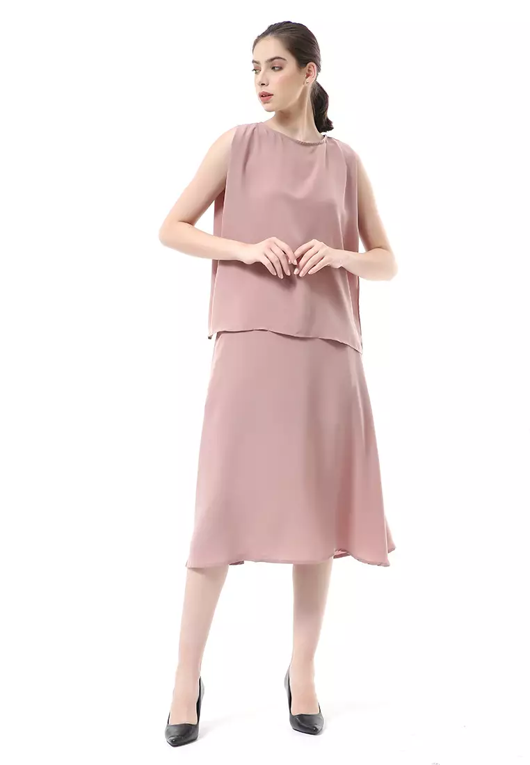 Nayra Set Atasan Wanita Setelan Tanpa Lengan with Long Skirt Motif Polos Material Chiffon Cathy ORIGINAL - Rose