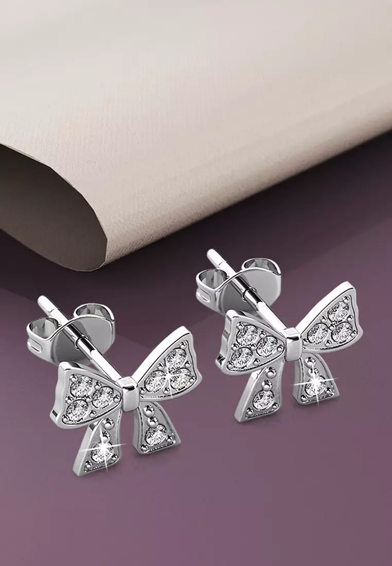 KRYSTAL COUTURE Ribbon Tie Earrings Embellished with SWAROVSKI® crystals-White Gold/Clear