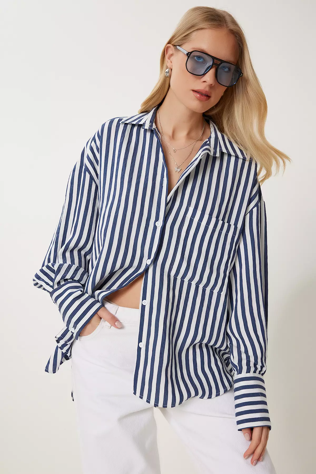 Women's Navy Blue White Striped Oversize Woven Shirt Dp00259