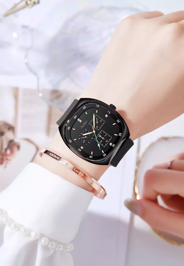Jam Tangan Wanita Anti Air Original Kasual Mode Tali Silikon Jam Tangan Cewek Korea Black