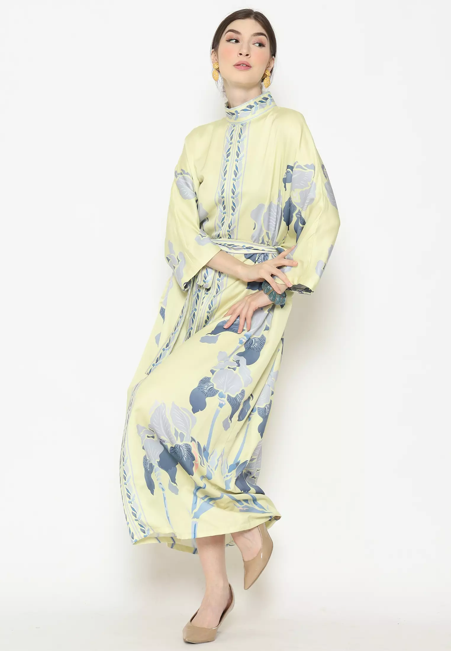 Kanzi Exclusive Long Sleeve Yellow Grey Batik Kaftan