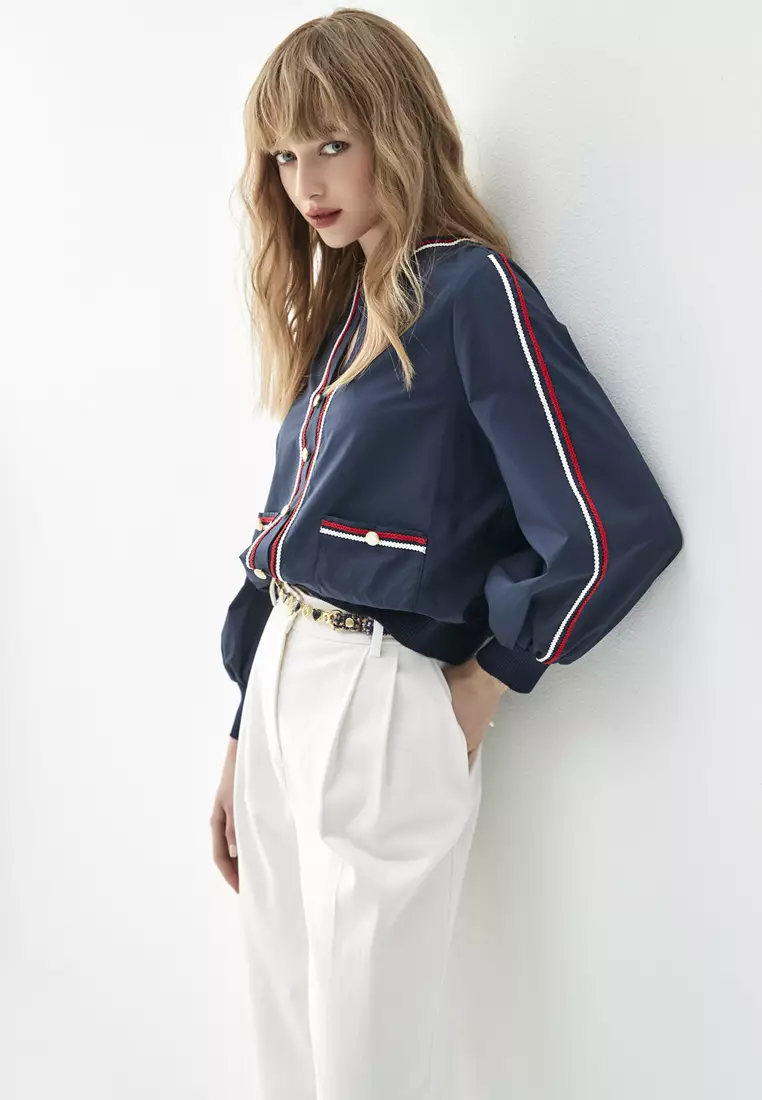 V-Neck Top With Red White Contrast Trim Detail