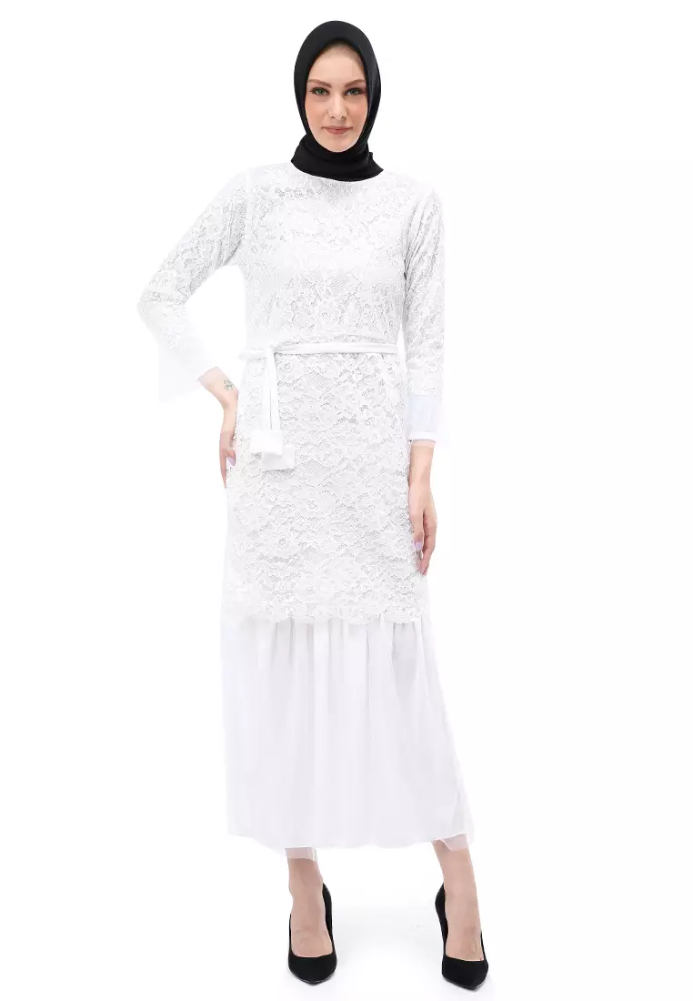 Selena Gamis Muslimah Wanita Motif Brukat Long Sleeve Regular Fit - Putih