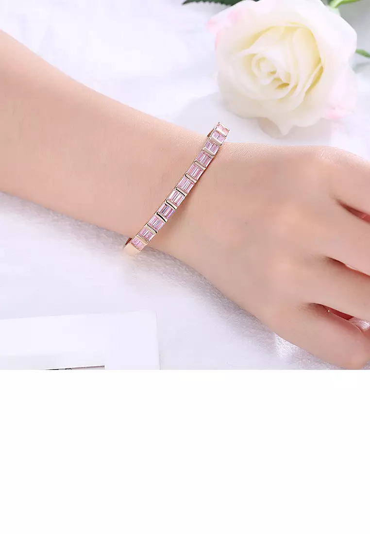 Fashion Plated Champagne Gold Open Bangle with Pink Cubic Zirconia