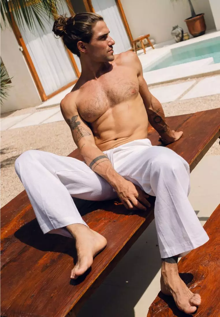 White Boxy Set Kemeja Celana Linen Pria Putih | Linen Set Men White