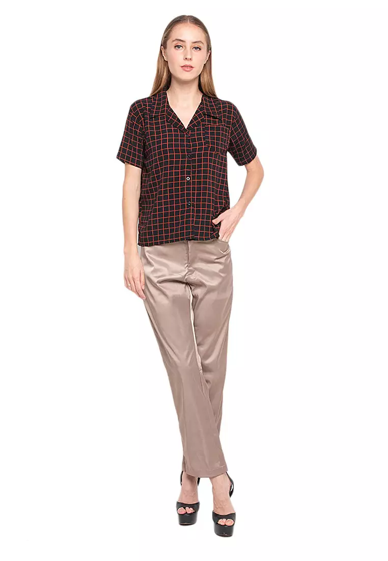 Jane Celana Kerja Trousers Motif Solid Bawahan Wanita Regular Fit - Cream